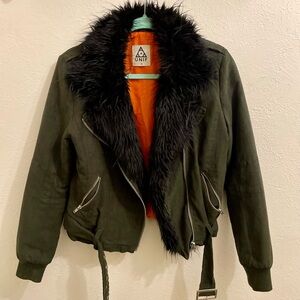 UNIF Berlin Green Bomber Jacket with Black Fur Trim